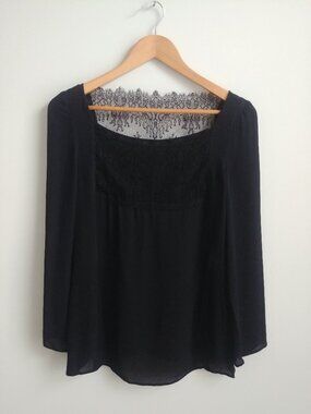 Gerard Darel Paris 100% silk black blouse top with sheer lace 36 approx Small